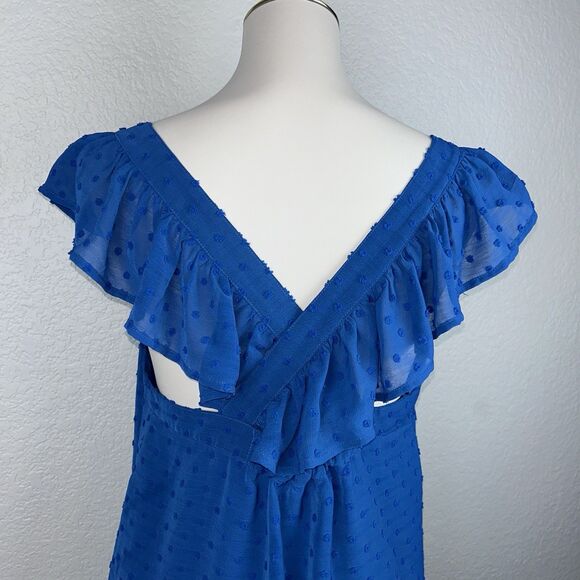 Kori Los Angeles Women's Square Neck Blue Top Puff Sleeve Swiss Dot Texture M - Picture 4 of 8